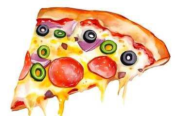 Watercolor slice of pepperoni pizza with olives and onions