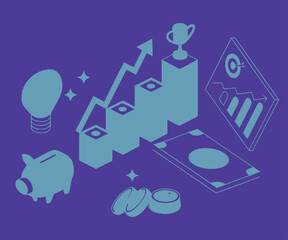clean and balanced composition featuring a collage of various isolated 3D financial and infographic elements