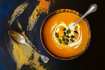 Creamy pumpkin soup with pumpkin seeds and swirls of cream