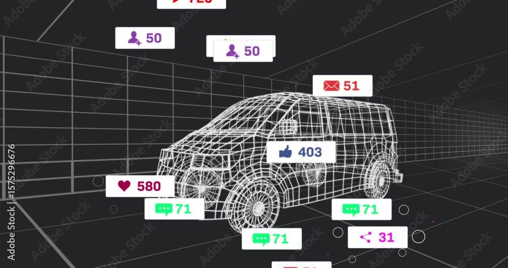 Aufkleber cursor selecting 3d van, causing social icons popping updating fading highlighting engagement stats