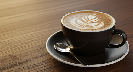 Aromatic latte art graces a dark cup, resting on a rich wood surface bathed in warm light.