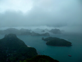 Misty Seascape with Islands and Sea Shrouded in Fog at Ang Thong National Marine Park, Koh Samui,...
