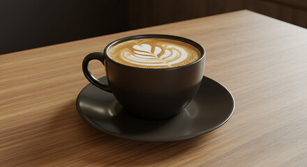 A close-up view of a latte art coffee in a dark mug on a wooden table.
