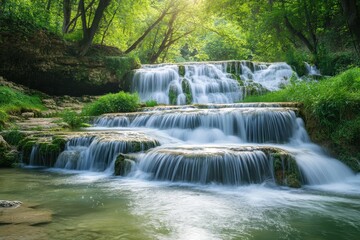 Fototapeta premium Captivating cascades of Nelson Falls surrounded by lush greenery and sunlight, Nelson falls beautiful water streams and cascades rush through green forest