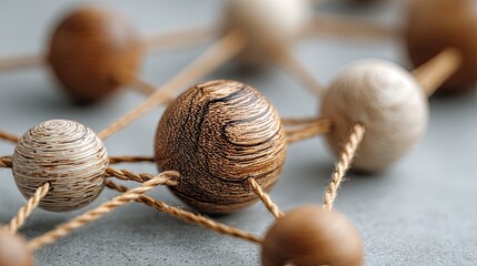Wooden beads connected with string representing social network connection, teamwork and data visualization idea