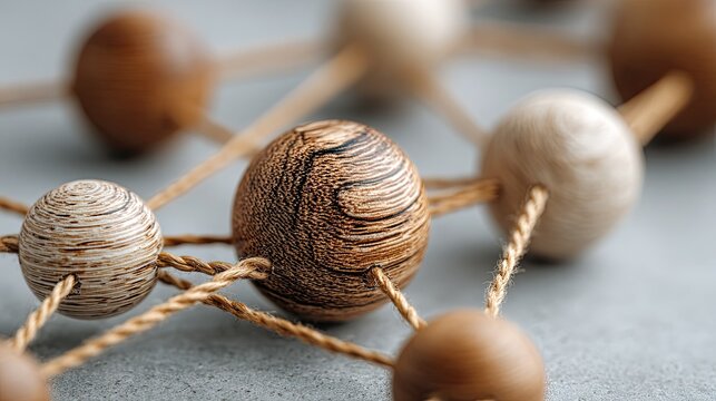 Wooden beads connected with string representing social network connection, teamwork and data visualization idea
