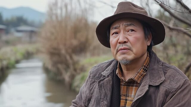 Rural Elder Gazes Afar and Speaks Emotionally