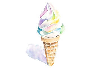 Watercolor painting of a swirled soft serve ice cream cone with rainbow colors
