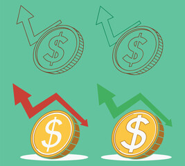 Minimalist Flat Design of Dollar Coins with Up and Down Trend Arrows on Transparent Background