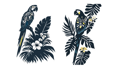 Parrots perched among tropical leaves and flowers are depicted in a vibrant illustration, isolated on white background