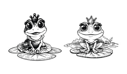 Cute frog princesses wearing crowns sit on lilypads in a charming cartoon illustration, isolated on white background