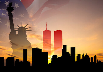 09.11.2001 American Patriot Day banner. Silhouette of New York skyline with red silhouette of Towers and Statue of Liberty