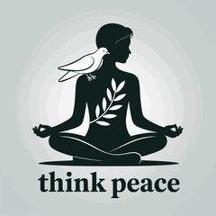 Silhouette of a person meditating in a lotus position with a dove on their shoulder and a laurel branch on their back symbolizing peace and tranquility