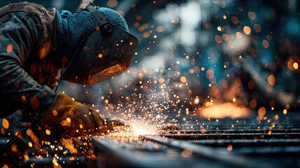 Welder industrial metalwork scene with sparks flying, manufacturing workshop engineering concept for industry design ads