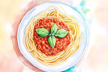 Watercolor painting of spaghetti bolognese with fresh basil garnish