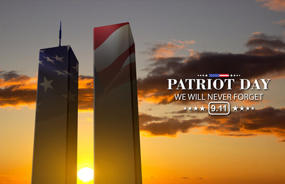 Silhouette of Towers and USA flag against the sunset. Patriot Day banner. 9.11.2001