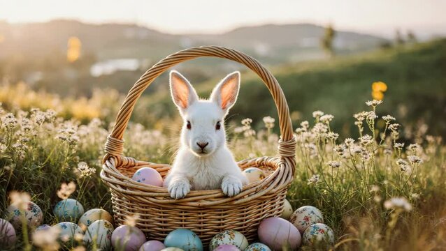 Easter bunny sits in a basket with colorful eggs in a sunny field
