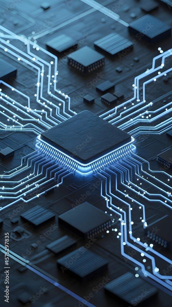 Aufkleber glowing blue digital technology featuring a processor and circuit board components conveys modern co