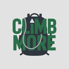 Climb more graphic design featuring a backpack silhouette and a climbing rope integrated into the bold green text