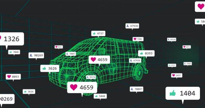 Heart icon popping above hood, wireframe van displaying floating metrics rising then vanishing