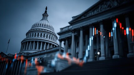 US Capitol building with overlaid financial data charts, symbolizing economy, government and regulation