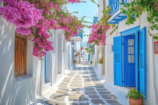 Charming streets of a traditional town in Paros island decorated with vibrant bougainvillea, Paros island local traditional town Beautiful mediterranean architecture Greece
