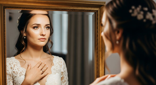 Emotional Bride Looking at Herself in Antique Mirror Before Wedding
