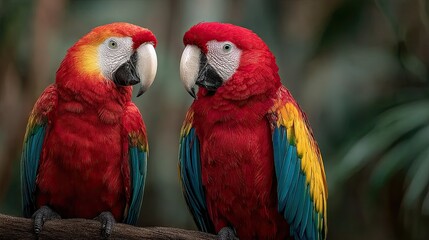 Obraz premium Two macaws eating together in vivid jungle habitat with rich colors and wildlife photography focus