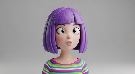 A 3D-rendered cartoon woman with purple hair displaying a surprised expression.
