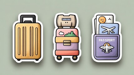 Travel icon sticker pack with colorful suitcase, plane, and passport designs, vacation planner concept for decor, design, ads