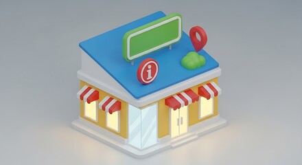 3D model of a small shop with information signs and location markers.