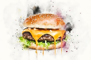 Watercolor burger with dripping cheese and sesame seed bun