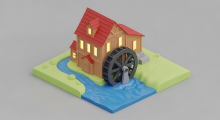 3D rendering of a charming watermill, featuring a flowing river and landscape.