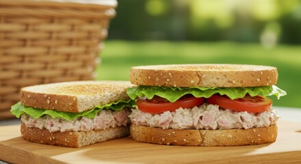 Serving Tuna Sandwiches with Tomato and Lettuce on Wooden Board