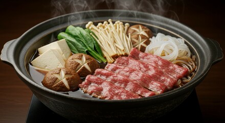 Preparing Hot Pot Meal with Meat and Vegetables