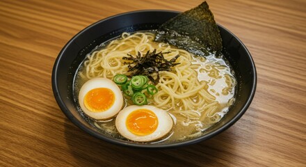 Ramen Noodle Soup Bowl with Egg and Seaweed Garnishing