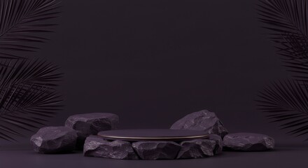 Elegant Product Display Stage with Stone Pedestal and Tropical Leaf Accents