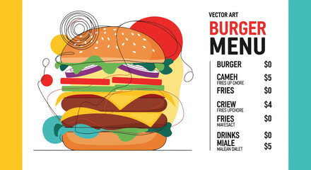 Delicious Burger Menu Display Featuring Colorful Ingredients and Pricing in a Dynamic Graphic Design Environment