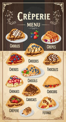 Delicious Crêpes Menu, Various Flavors, Cozy Crêperie, Food Illustration, Culinary Delight, Inviting Ambiance