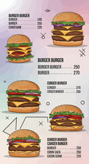 Delicious Burger Menu Display, Fast Food Restaurant, Digital Illustration, Vibrant Colors, Eye-Catching Design