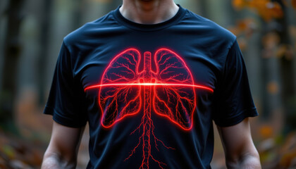 Person wearing black t shirt featuring glowing red graphic of human lungs, set against blurred forest background. design emphasizes intricate details of lungs, creating striking visual effect
