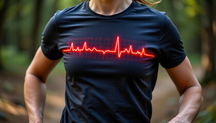 Person is wearing black athletic shirt featuring glowing red heartbeat graphic, running through forested area. shirt design emphasizes fitness and health, showcasing active lifestyle