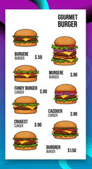 Gourmet Burger Menu Design Featuring Various Burger Options in a Vibrant Background | Graphic Art | Food Concept