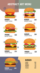 Menu Display Featuring Various Burger Options with Prices in a Modern Graphic Design Style