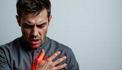 Man experiencing chest pain shows distressed expression, clutching his chest with one hand. background is soft gray, emphasizing seriousness of situation