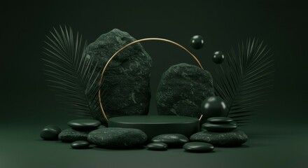 Dark Green Product Display with Rocks and Palm Leaf, Minimalist Style
