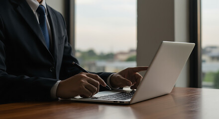 A businessman in a suit working on a laptop at a wooden desk.