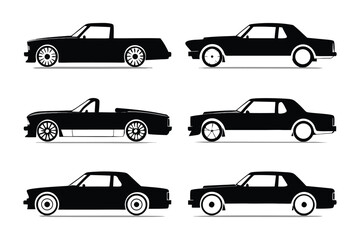 Classic Silhouette of Vehicles: A sleek, graphic arrangement of classic cars in black silhouette, ideal for transportation themes. conveying elegance and motion.