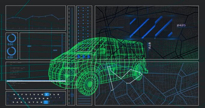 After start signal wireframe van model undergoing HUD scanning and contour measurement for analysis