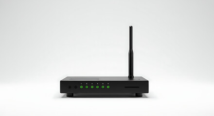 A black wireless router with a single antenna and indicator lights on a white background.